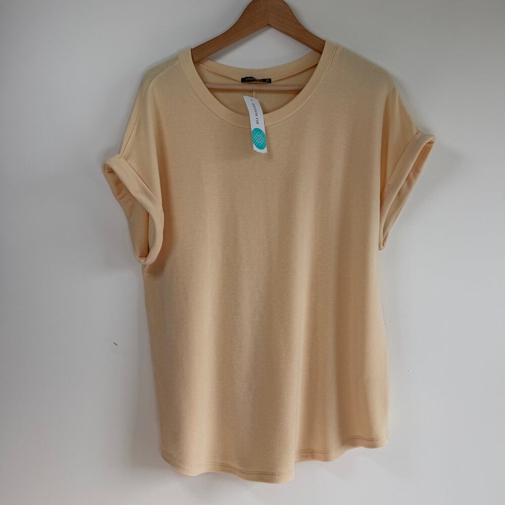 NWT Staccato Rolled Sleeve Knit Tee Pale Yellow Crew Neck Sz XL Top